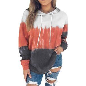 Women’s Orange & White Tie-Dye Hoodie Long Sleeve with Pocket  Loose Sweatshirt